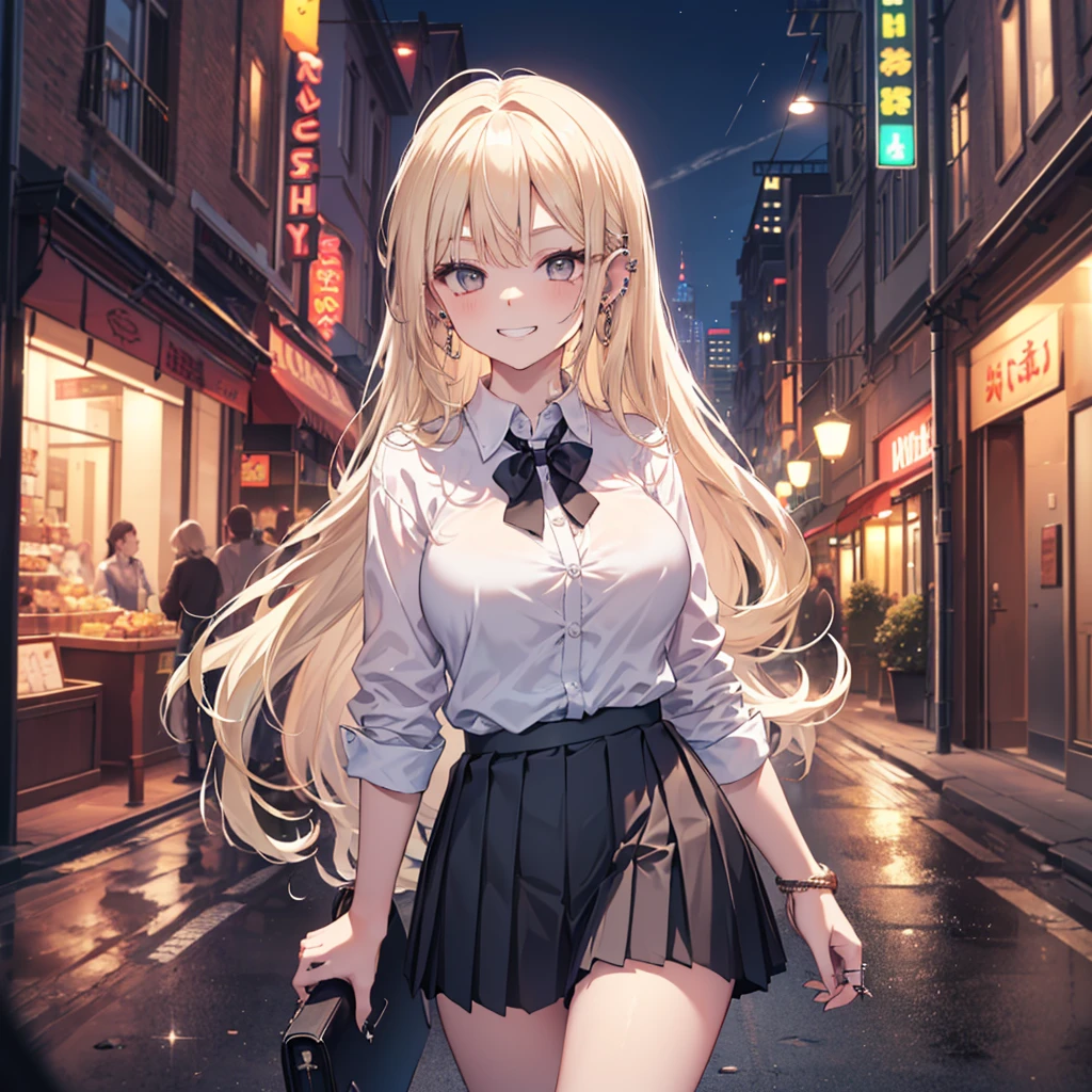 (masterpiece、best quality、Very detailed))、A girl、promote、Blonde、Long hair、Straight Hair、Gray eyes、Evil smile、((Grin))、((A lot of piercings))、Large Breasts、((White collared shirt))、((Black pleated skirt))、((mini skirt))、Cowboy shooting、Downtown Background