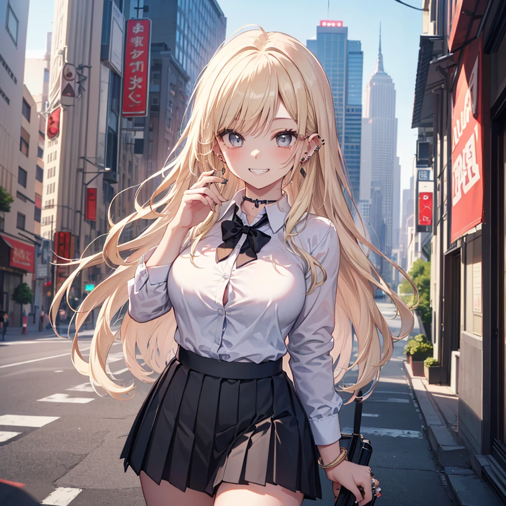 (masterpiece、best quality、Very detailed))、A girl、promote、Blonde、Long hair、Straight Hair、Gray eyes、Evil smile、((Grin))、((A lot of piercings))、Large Breasts、((White collared shirt))、((Black pleated skirt))、((mini skirt))、Cowboy shooting、Downtown Background