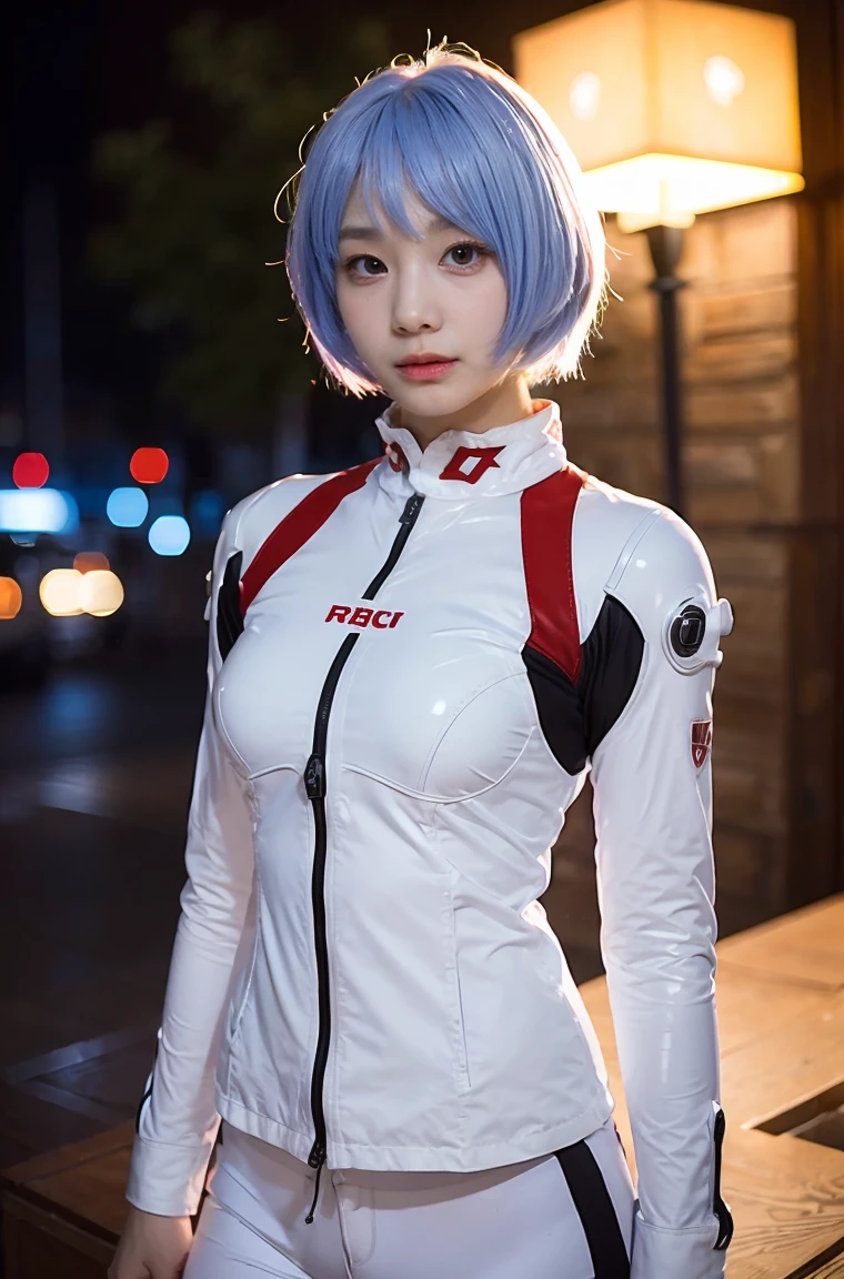 (best quality, masterpiece, colorful, dynamic angle, highest detailed)(\Rei Ayanami\), upper body photo, fashion photography of cute girl (\Rei Ayanami\), red eyes, dressing high detailed Evangelion white suit (high resolution textures), in dynamic pose, bokeh, (intricate details, hyperdetailed:1.15), detailed, moonlight passing through hair, (fantasy colors background, official art, extreme detailed, highest detailed), HDR+