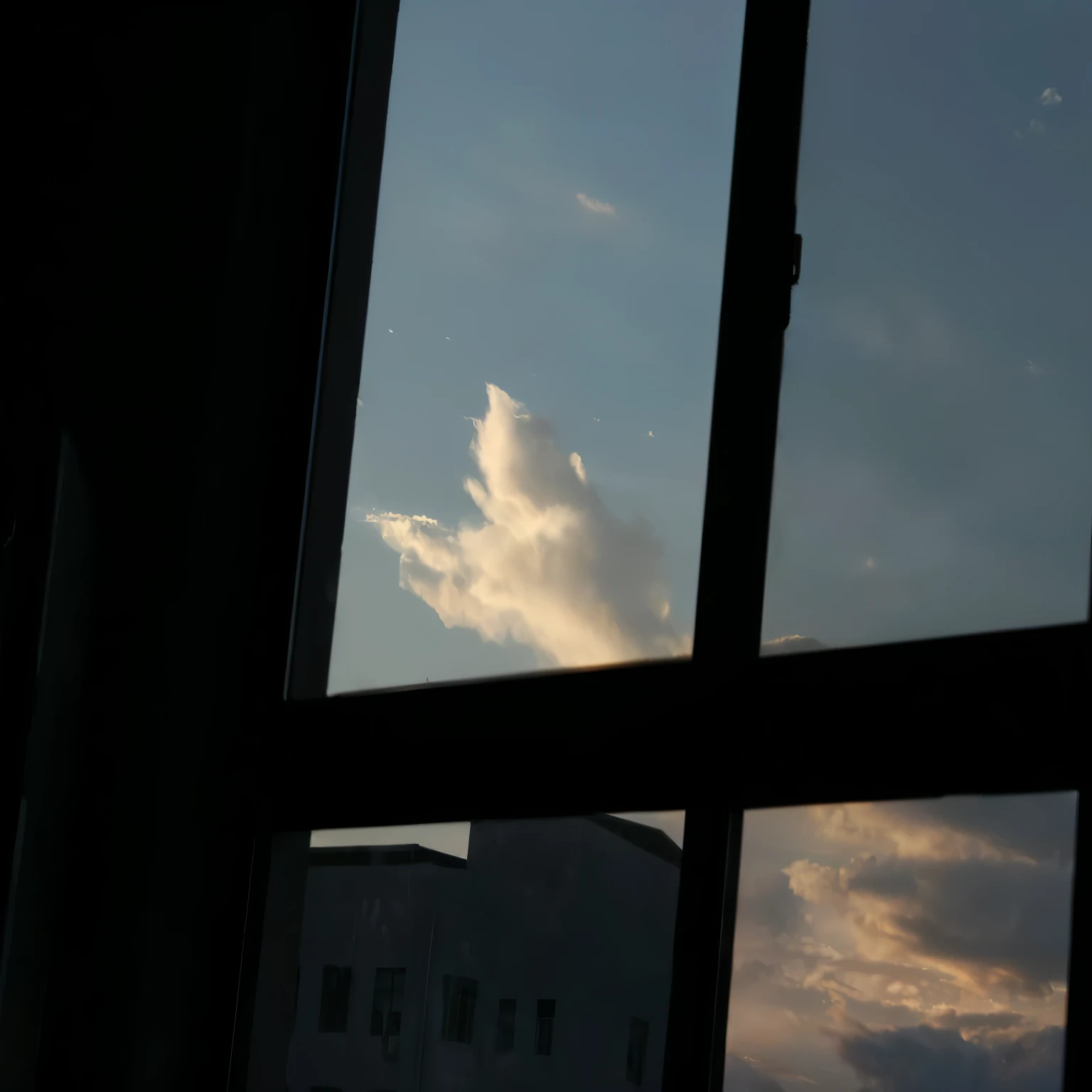 Clouds can be seen from the window in the dark, clouds outside the windows, Soft light from the window, window in foreground, See through the window, Near the window window, Dragon Shaped Cloud, Face in the Clouds, Light from the window, Near the window, Evening sky, Next to the window, The cold light from the window