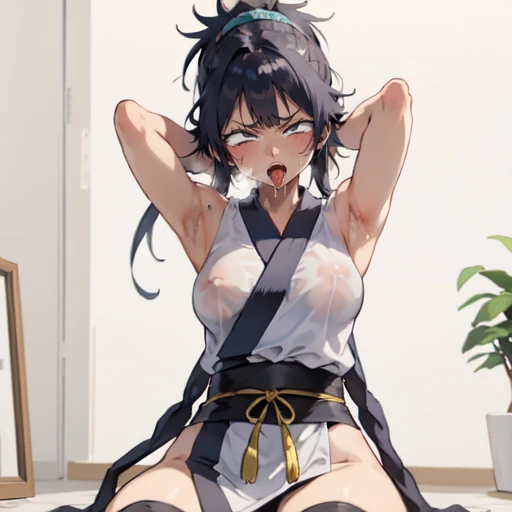 1girl, (ahegao),(muscle1.4), (masterpiece:1.3), (high resolution), (8K), (extremely detailed), (4k), (pixiv), perfect face, nice eyes and face, (best quality), (super detailed), detailed face and eyes, (solo), textured skin, absurdres, highres, wzkomachine, white eyes, Small breasts, sash, bike shorts, short sleeves, bangs, black gloves, fingerless gloves, long hair, black hair,ponytail, japanese clothes, kimono, sitting on floor, looking at viewer,Nipple exposure,Sexy, flirtatious, Solitary, eternity, - Hip vents, No underwear,No eyeballs, Also available in black, low twin braids,Facing the audience, looking at the audience, tired, from below, (Exposed armpit:1.1), ((armpit:1.2)), sexy, Sweating, More and more sweat,(ahegao), (Roll your eyes), Naughty face, blush, open mouth, Sticking out tongue, saliva, Slobber,Skinny, raise arms, (arms above head:1.5)