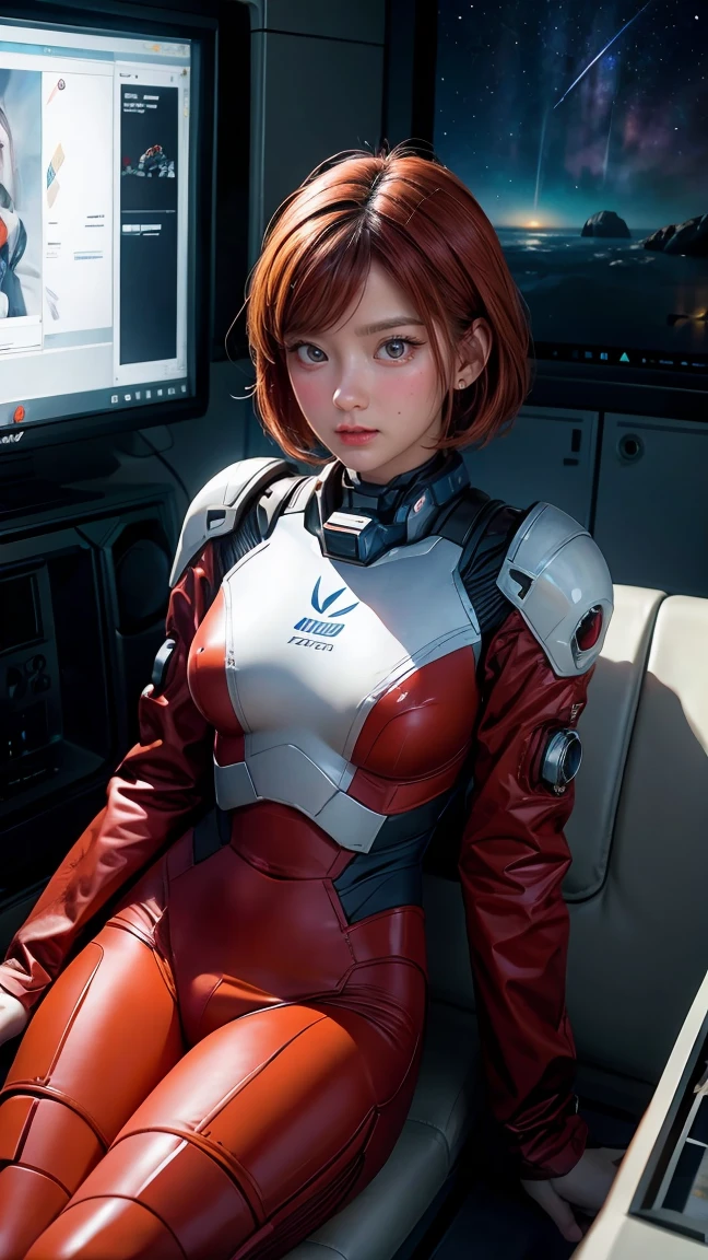 Absurd resolution, high resolution, (masterpiece: 1.4), hyper-detail, ****ung woman, short red hair, pilot suit, rich princess, sitting in an extremely narrow and closed mecha control room looking out the window, the window is the space universe can see the blue planet (1.5), the expression is excited, the mecha control room is in the universe