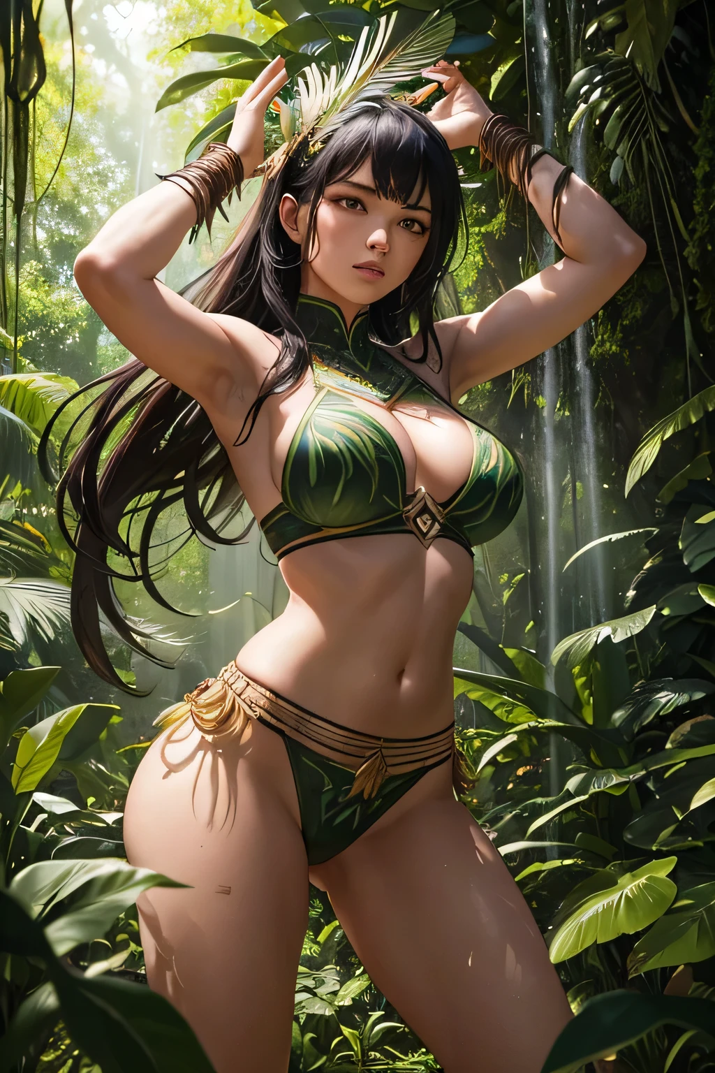 A stunning Amazon warrior stands in the heart of a dense jungle, deeply immersed in her combat training. She wears armor crafted from animal hides, adorned with feathers and tribal markings. The midday sun filters through the thick canopy, casting dappled light on her as she practices with a spear. Her movements are precise and powerful, reflecting her intense focus and skill. The lush jungle surrounds her with towering trees, vines, and vibrant undergrowth, creating a dynamic and wild backdrop. Birds call out from the treetops and the air is filled with the sounds of nature, enhancing the scene's vibrant energy,