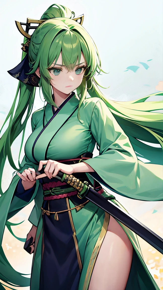 20-year-old female、Swordsman、Pale green kimono、Long green hair tied back、Gentle expression、Equipped with a sword、