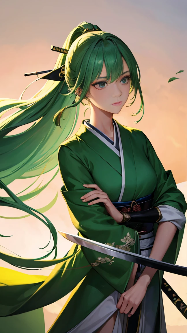 20-year-old female、Swordsman、Pale green kimono、Long green hair tied back、Gentle expression、Equipped with a sword、