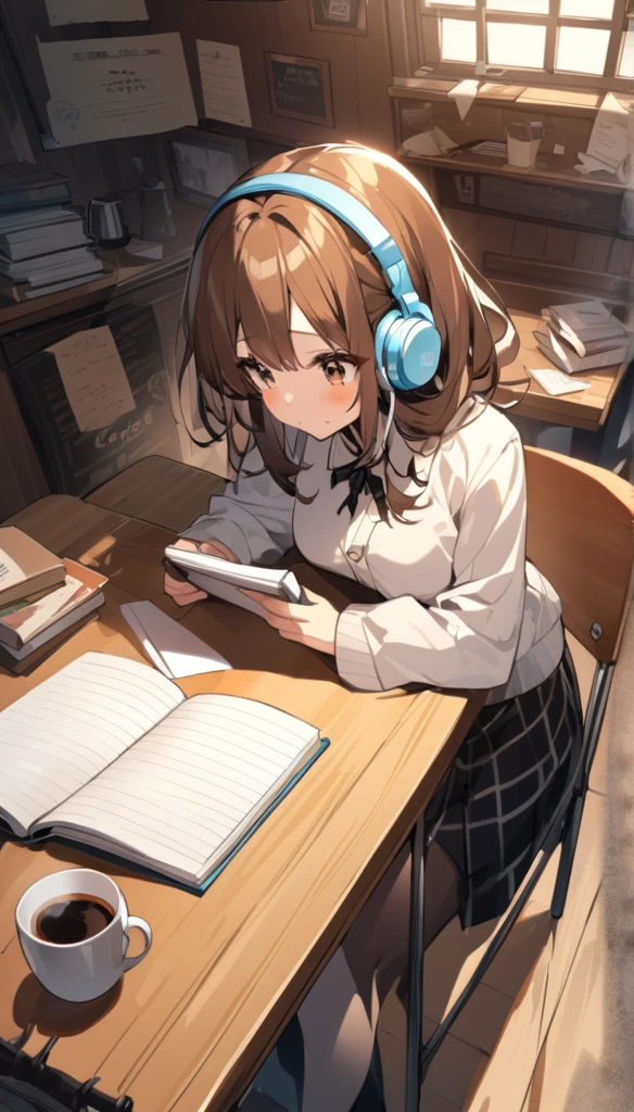 Cute brown-haired girl wearing headphones、Studying with a notebook open in an old coffee shop。There is coffee on the desk、Steamy。The desk is messy、The angle allows you to see the entire desk.