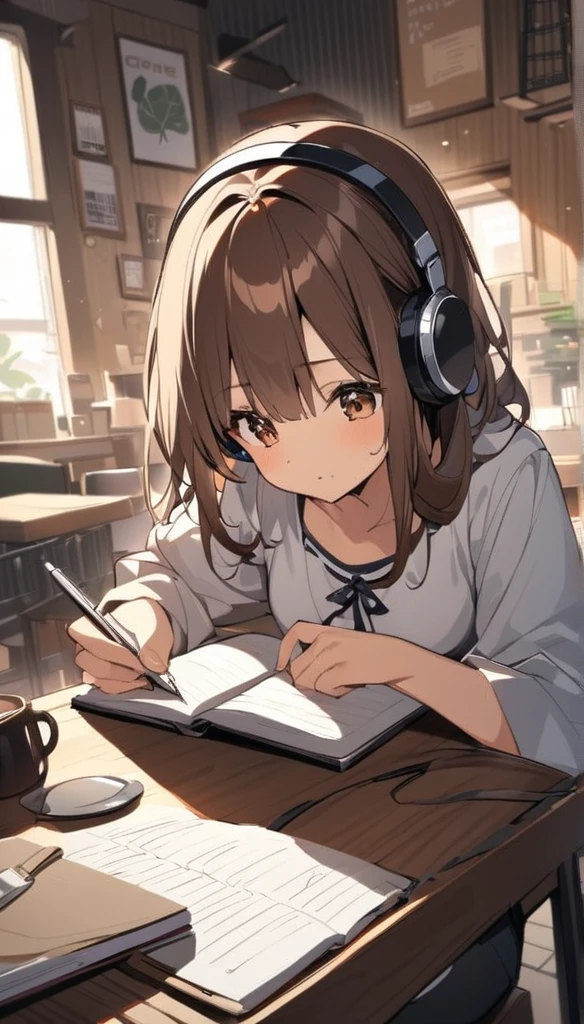 Cute brown-haired girl wearing headphones、Studying with a notebook open in an old coffee shop。There is coffee on the desk、Steamy。The desk is messy、The angle allows you to see the entire desk.