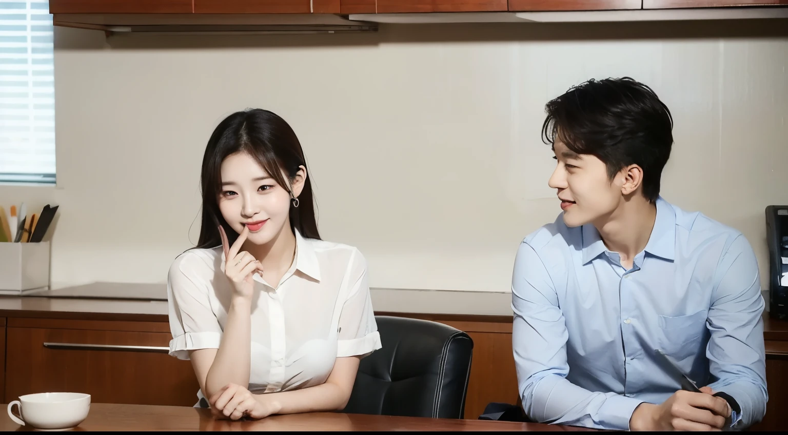 Korean Drama。A lovely couple in their 20s having an office romance。A secret meeting in the company break room。