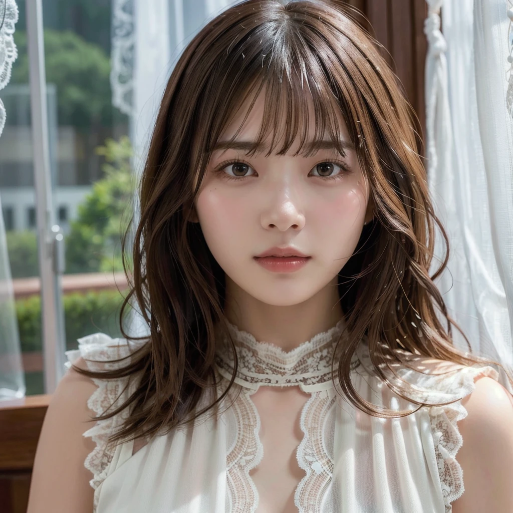 (Highest quality,masterpiece:1.3,超High resolution),(Very detailed,Caustics,8k),(Realistic:1.4,RAW shooting),Super detailed, 超High resolution,18-year-old,Japanese,黒いLong Hair,耳前にLong Hair, (Long Hair:1.2), (Wavy Hair:1.2), (鈍いbangs:1.2), Chest-up shot,Ultra high definition 8K,Highest quality,Very detailedな,masterpiece,Realistic,Rich details,Photographic realism,Very detailedな環境,Very detailedな照明,Very detailedな詳細,,Detailed skin texture,Scattered under the surface,(blush:0.5),Photographic works,A slightly sad expression,Beautiful, shining lips, Detailed face、 bangs, Hair between the eyes, (Tangled in lace curtains:1.5),Looking into the camera,Top view angle,,Natural light, masterpiece, Highest quality, High resolution, ,(Face Focus:1.1),(Face close-up:1.1),Sunset