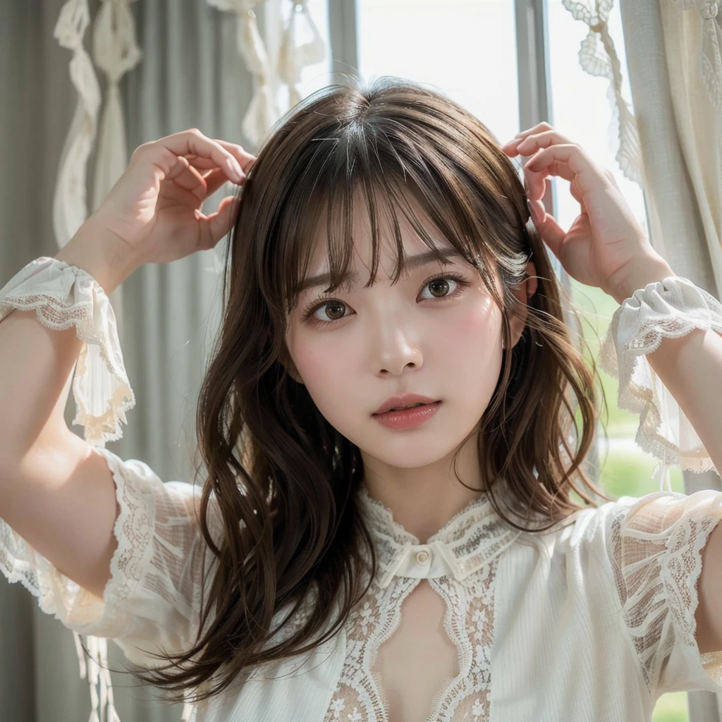 (Highest quality,masterpiece:1.3,超High resolution),(Very detailed,Caustics,8k),(Realistic:1.4,RAW shooting),Super detailed, 超High resolution,18-year-old,Japanese,黒いLong Hair,耳前にLong Hair, (Long Hair:1.2), (Wavy Hair:1.2), (鈍いbangs:1.2), Chest-up shot,Ultra high definition 8K,Highest quality,Very detailedな,masterpiece,Realistic,Rich details,Photographic realism,Very detailedな環境,Very detailedな照明,Very detailedな詳細,,Detailed skin texture,Scattered under the surface,(blush:0.5),Photographic works,A slightly sad expression,Beautiful, shining lips, Detailed face、 bangs, Hair between the eyes, (Tangled in lace curtains:1.5),Looking into the camera,Top view angle,,Natural light, masterpiece, Highest quality, High resolution, ,(Face Focus:1.1),(Face close-up:1.1),Sunset