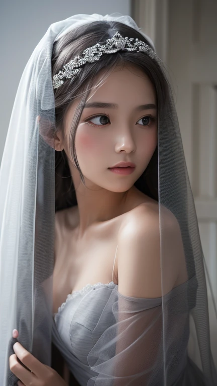 (masterpiece, Highest quality:1.2), One girl, alone,bony body、15 years old、Veil on head, Grey Veil, Gray Hair, Grey White, Gubes&#39;s art style, Arrogant and indifferent girl, Half-squinted, White eyes玉, White eyes, National style, Off-white