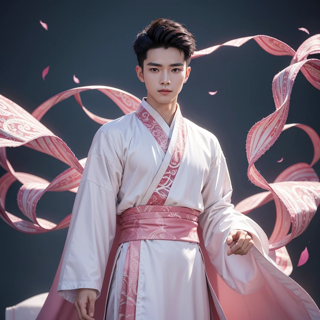 1 Handsome chinese slim guy, 20 years old, Hair combed smoothly, A pattern of pink-white martial art clothes with wind motif and robe for male. The design is inspired by hanfu.