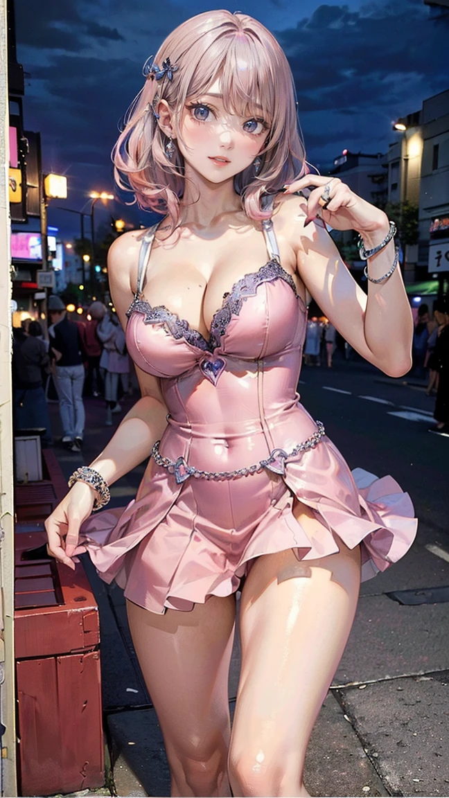 (Masterpiece, BestQuality:1.3), (ultra detailed:1.2), (hyperrealistic:1.3), (RAW photo:1.2), High detail RAW color photo, professional photograph, (Photorealistic:1.4), (realistic:1.4), professional lighting, perfect anatomy, (Big Breasts:1.1), (blush, detailed face), (cheerful Smile:1.5), Trending Hair&Trending Hairカラーをランダムに, earrings, necklace, bracelet, sexly, erotic sexly, Random sexy gravure poses, (A pink-haired beauty in ta fashion is at a cafe on a city street。hair is twin tail、spread your skirt。:1.3)