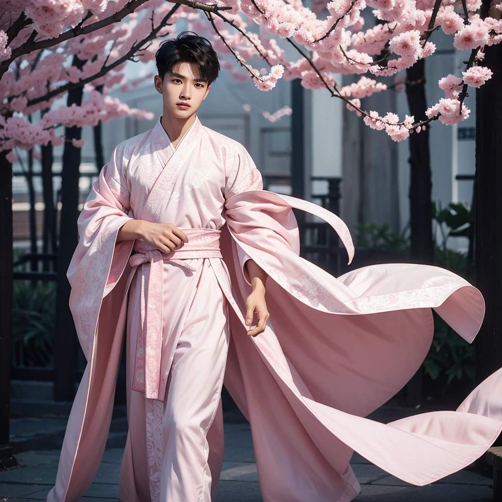 1 Handsome chinese slim guy, 20 years old,  Hair combed smoothly, A pattern of pink-white martial art clothes with wind motif and robe for male. The design is inspired by hanfu.