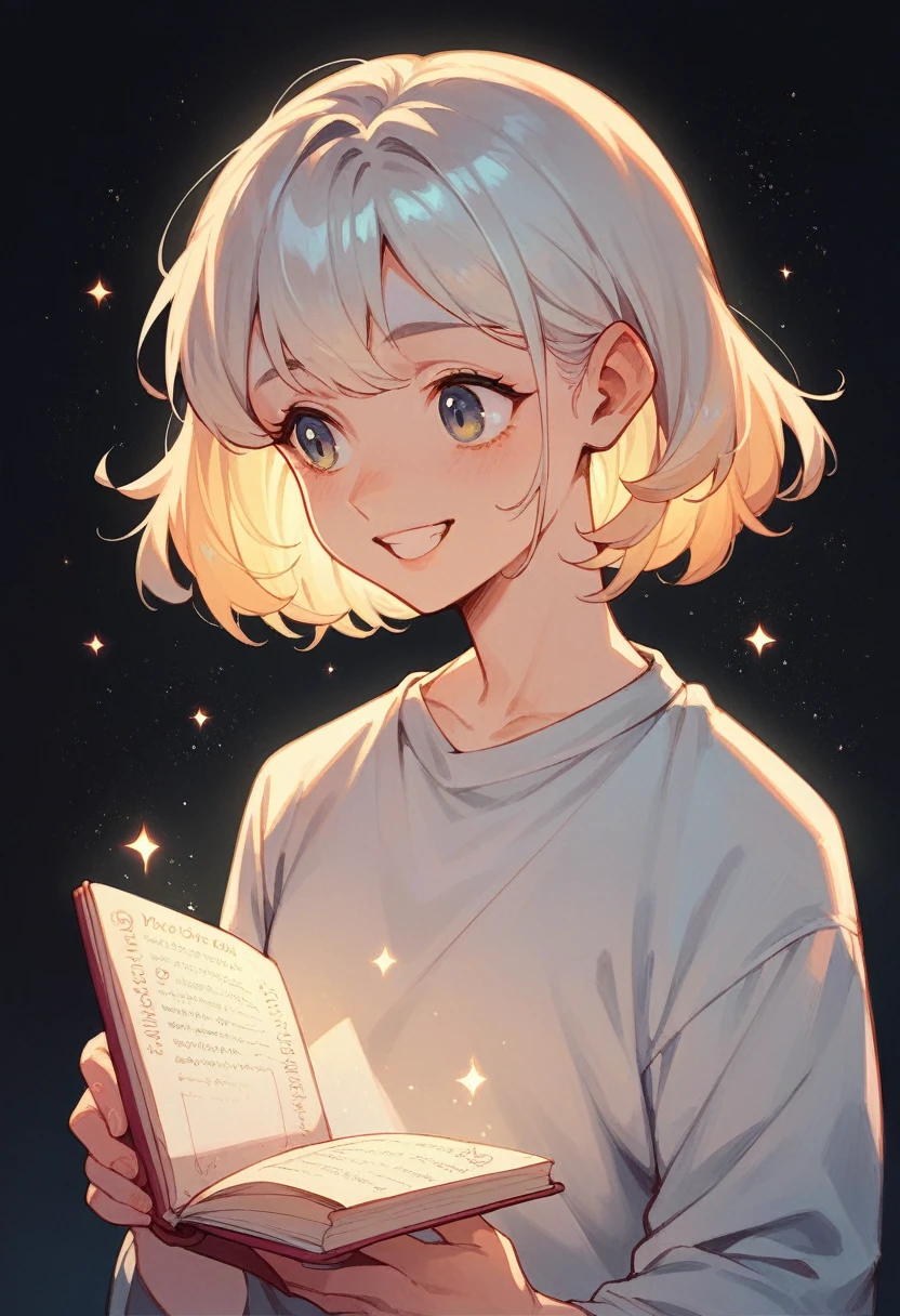 1girl, little girl, holding book, looking to the side, black background, glowing element, particle lights,happy,