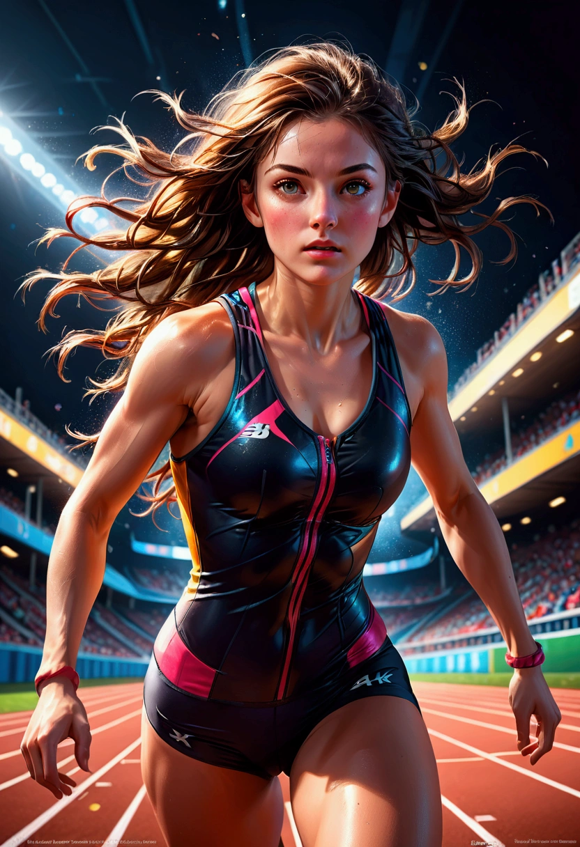 1girl, sports photography, The athlete runs on the track, dynamic sports action, high energy, athlete in motion, dramatic lighting, high contrast, vivid colors, cinematic composition, extreme detail, (4k, 8k, highres:1.2), ultra-detailed, HDR, UHD, studio lighting, ultra-fine painting, sharp focus, physically-based rendering, extreme detail description, professional, vivid colors, bokeh, masterpiece, best quality, very aesthetic, absurdres
