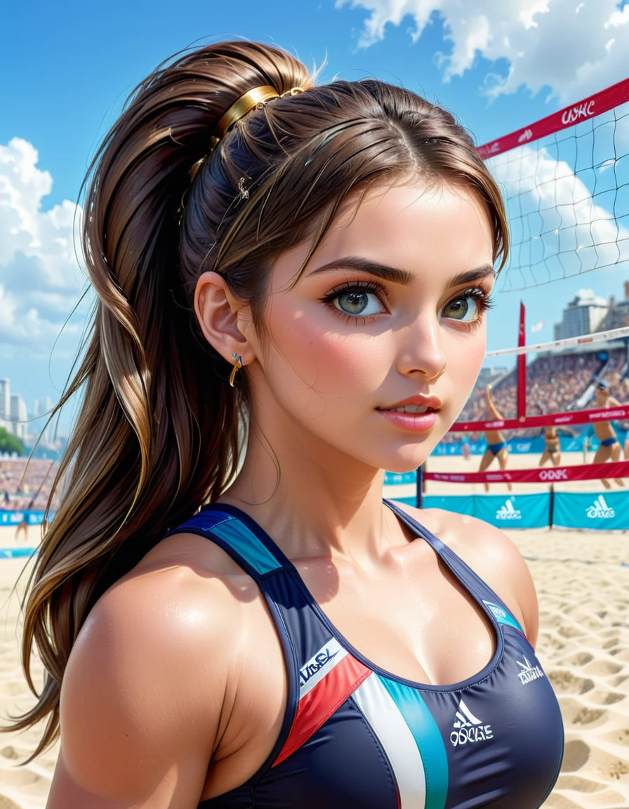 ((jumping spike:1.2)), beach volleyball, (masterpiece:1.2), best quality, high quality, (hyper detailed), 4K, high resolution, photorealistic, (illustration:0.7), extremely fine, BREAK, 1girl, full shot, good anatomy, (beautiful detailed face and eyes:1.2), long hair, ponytail, detailed hair, dynamic pose, BREAK, from below, insanely detailed and intricate, detailed background, Paris Olympic beach volleyball venue,