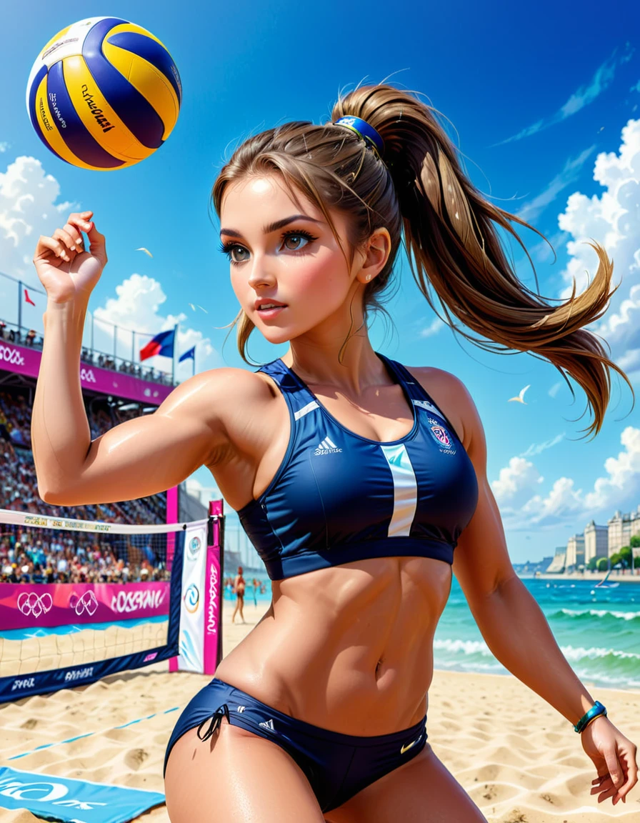 ((jumping spike:1.2)), beach volleyball, (masterpiece:1.2), best quality, high quality, (hyper detailed), 4K, high resolution, photorealistic, (illustration:0.7), extremely fine, BREAK, 1girl, full shot, good anatomy, (beautiful detailed face and eyes:1.2), long hair, ponytail, detailed hair, dynamic pose, BREAK, from below, insanely detailed and intricate, detailed background, Paris Olympic beach volleyball venue,