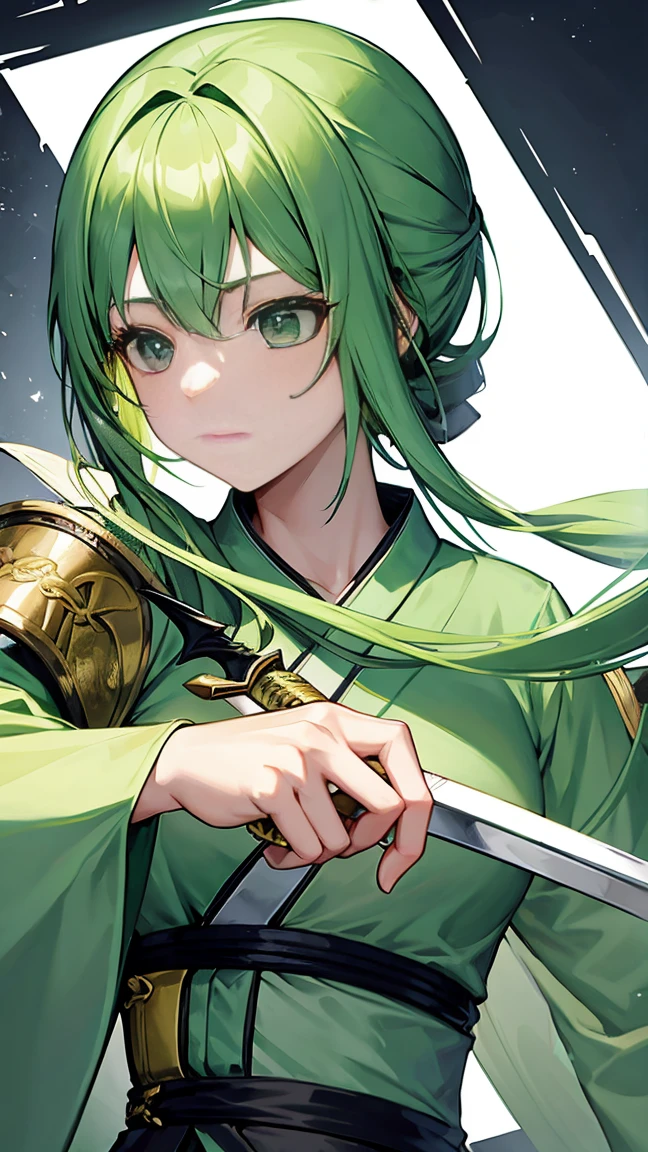 20-year-old female、Swordsman、Pale green kimono、Long green hair tied back、Gentle expression、Equipped with a sword、