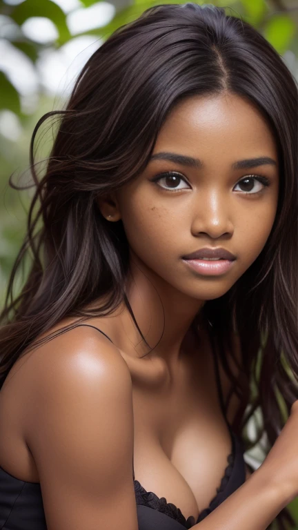 (portrait, editorial photograph of a beautiful black girl, adorable face, long brown curly hair, hazel eyes, by lee jeffries, nikon d850, film stock photograph ,4 kodak portra 400 ,camera f1.6 lens ,rich colors ,hyper realistic ,lifelike texture, dramatic lighting, (highly detailed face:1.4), perfect eyes, realistic iris, perfect teeth, (smile:0.7), (background dark, shadow of the leaves, moody, cleavage), sun rising, early morning light, Wishing for something, masterpiece, best quality, photorealistic, Citizen of Guinea-Bissau, very cute super model, perfect anatomy, skinny