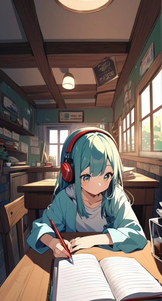 A cute girl is studying with her notebook open in an old coffee shop while wearing headphones。The table is messy、The whole desk is visible。There is coffee。Madhouse-like colors、A touch like Makoto Shinkai
