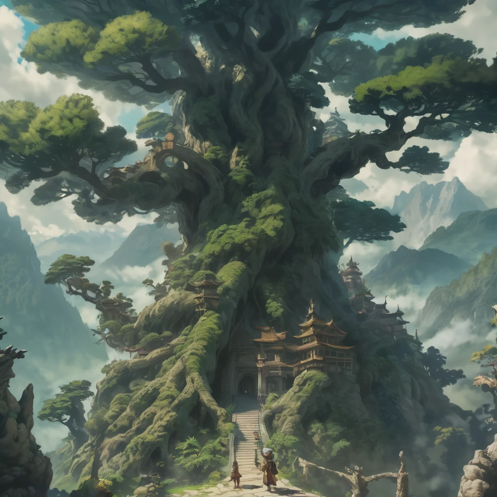 Ancient Tree, trento、Giant Tree、Final Fantasy Style、Small１Animalonster、Two hands holding a tree branch