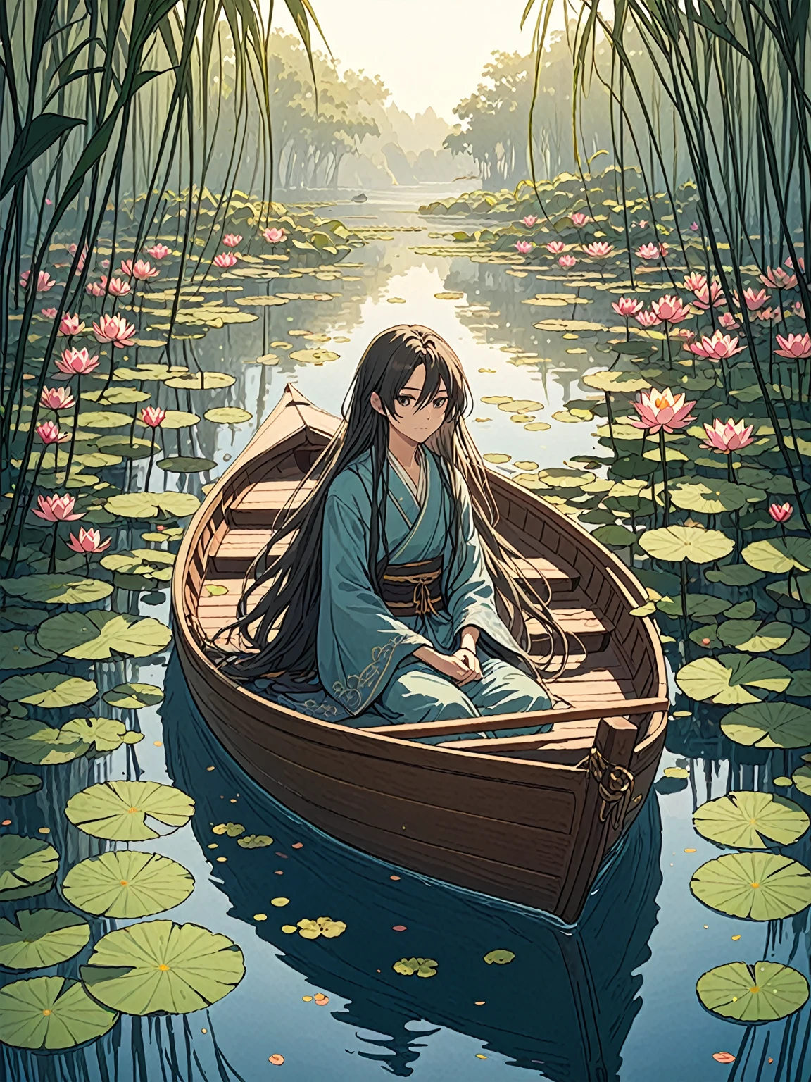 “A character with long hair is sitting in a boat, Among water lilies surrounded by a tranquil lake. The character's clothes have distinct red accents., There are foggy mountains in the background.”