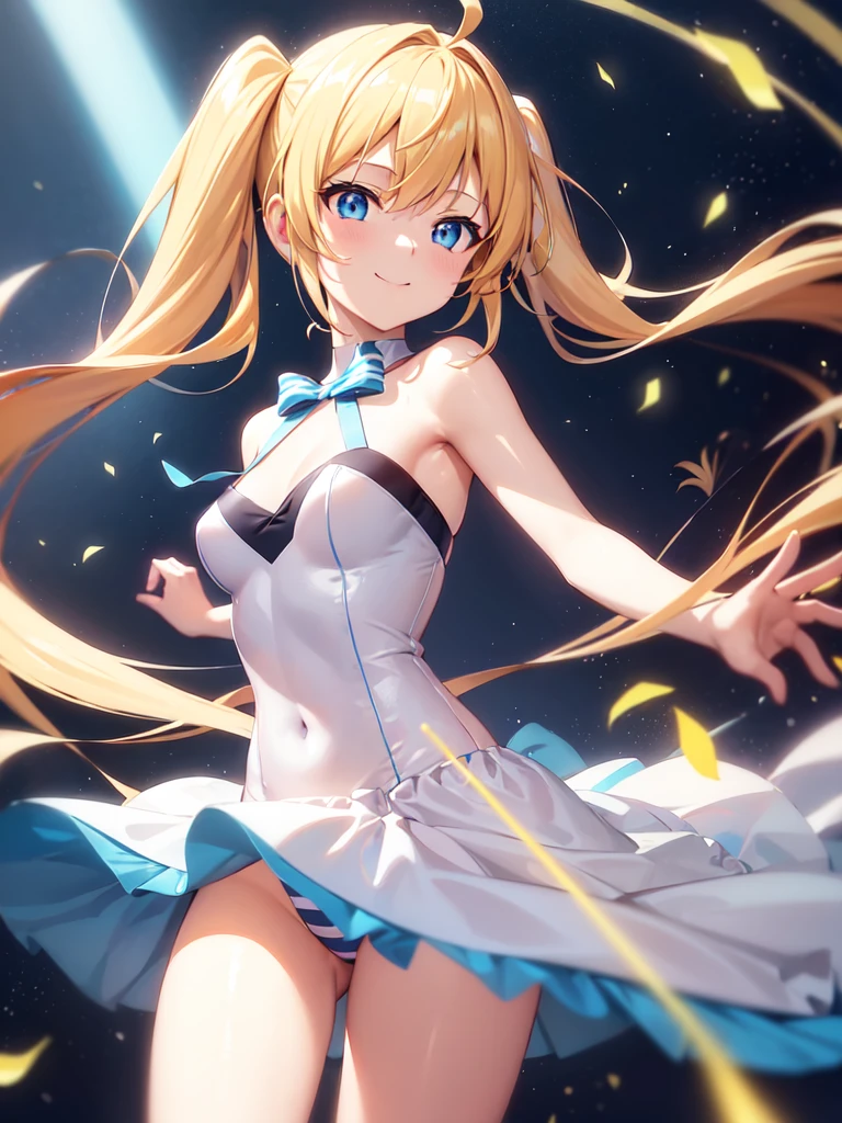 Ray Tracing,high quality,High resolution,bloom effect,Dynamic Angle,Light Shaft, particle lighting, Dynamic Light,One girl, alone, Wind,smile, ,Middle chest, Long blonde twin tails that reach above her ears, Ahoge, (Cyan striped hair:1.15), ,Blue Sailor Swimsuit, blue eyes, Hair Ribbon,Glowing Skin,Happy,