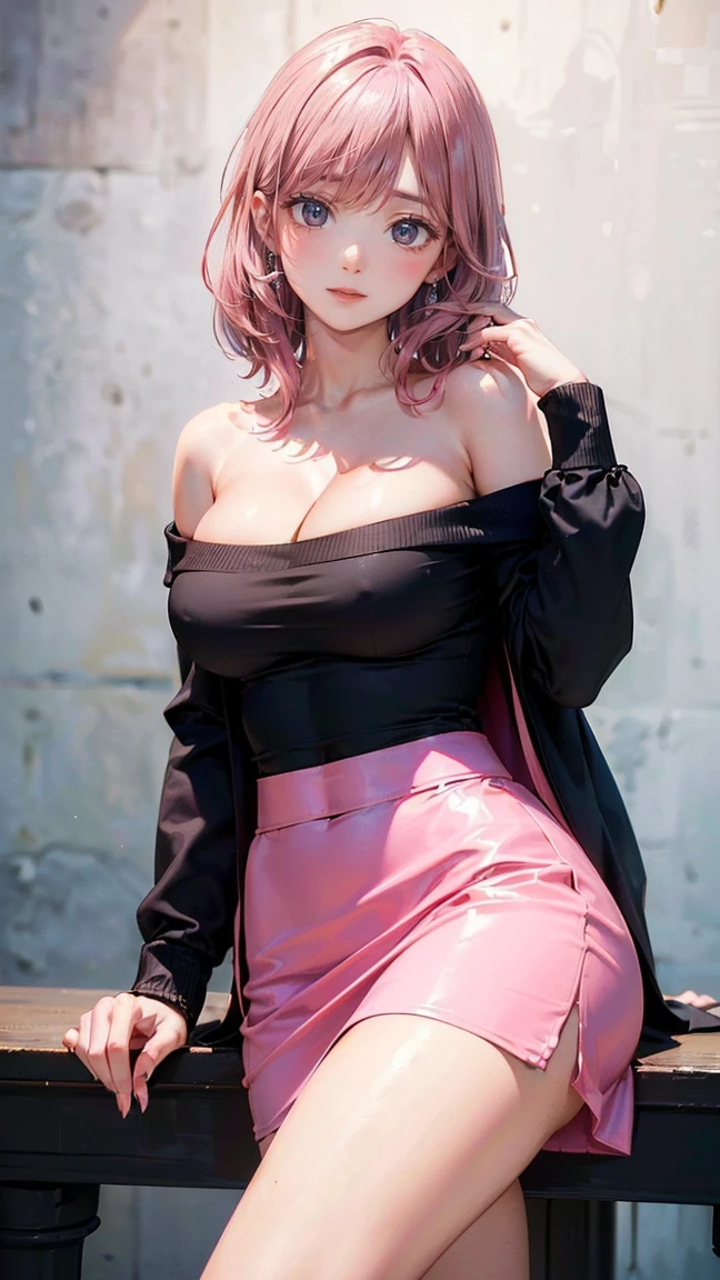 ((Highest quality, 8k, masterpiece :1.3)), (Sharp focus :1.2, Beautiful woman with perfect figure :1.4, Slim Abs), ((Big Breasts, Emphasize cleavage:1.2)), (Photorealistic:1.4), (realistic:1.4), (Pink Hair:1.5), Highly detailed face and skin texture, Fine grain, double eyelid. Makeup face, A little bit of lipstick, sex appeal, Sexy gravure pose, ((A gal wearing a pink super tight skirt and off-shoulder top、A sexy smile against the backdrop of Singapore's night city。Silver bracelets and anklets accentuate the shape of your legs。:1.3))
