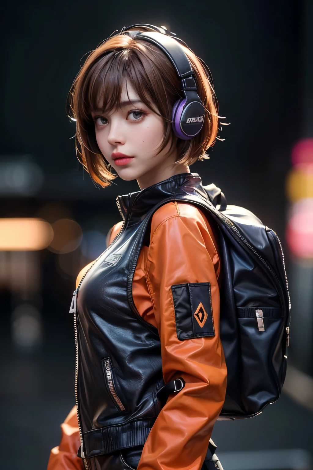 (front view:1.4), close-up portrait, (1girl:1.5), 30 year old curve body, solo, headphones on her neck, orange spacesuit, bangs, brown(short hair:1.2), bag, blurry_background, purple neon light, backpack, zipper, urban techwear, outfit, 