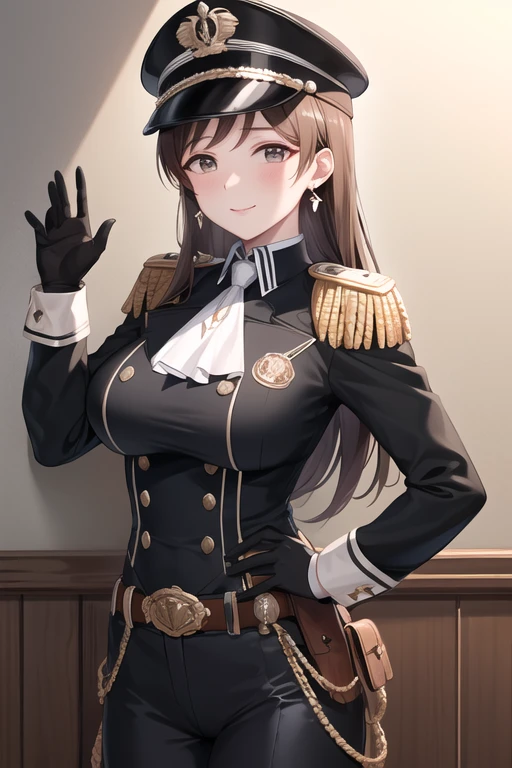 masterpiece, best quality, highres, aanitta, long hair, (black peaked cap), earrings, big breasts, muscular body, military uniform, epaulettes, badges, (black shirt:1.2), (bulletproof vest), ascot, black sleeves, long sleeves, (black pants), utility belt, (belt pouches), cargo pants, (gloves), cowboy shot, standing, light smile, facing the viewer, looking at the viewer, indoors, against wall