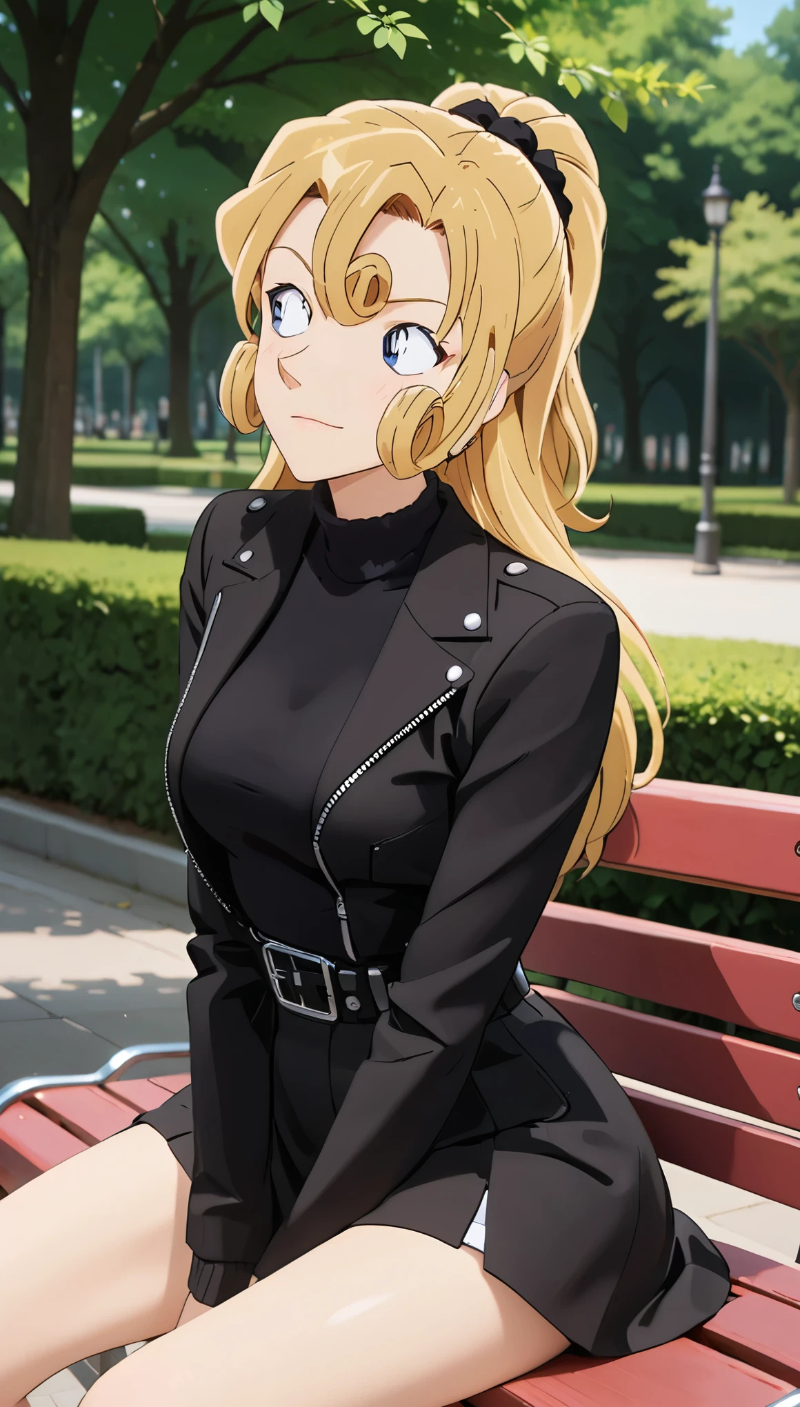 （Blonde woman in black leather jacket sitting on bench，full body：1.3）,individual，anime style