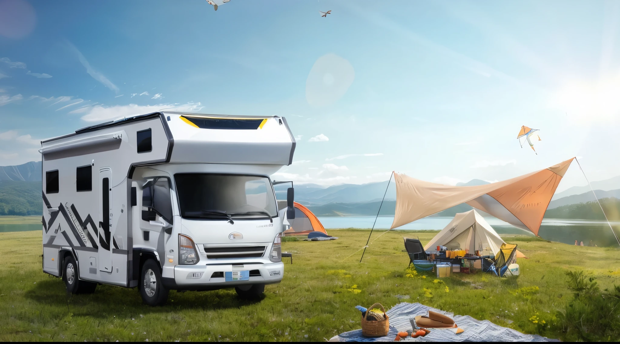 The white gray throne-style Wemin, "Wearing" black and yellow color "MINI妘", the body is white, white roof with solar panels on top of it, parked in front of an outdoor lawn with camping gear including tents and kites flying around, blue sky and lake landscape background. The motorhome has multiple windows and doors open to create a feeling of and adventure, as well as inviting people for picnic outside. It's like looking at the scene from inside the vehicle., ray tracing, Surrealism, UHD, super detail, best quality, masterpiece