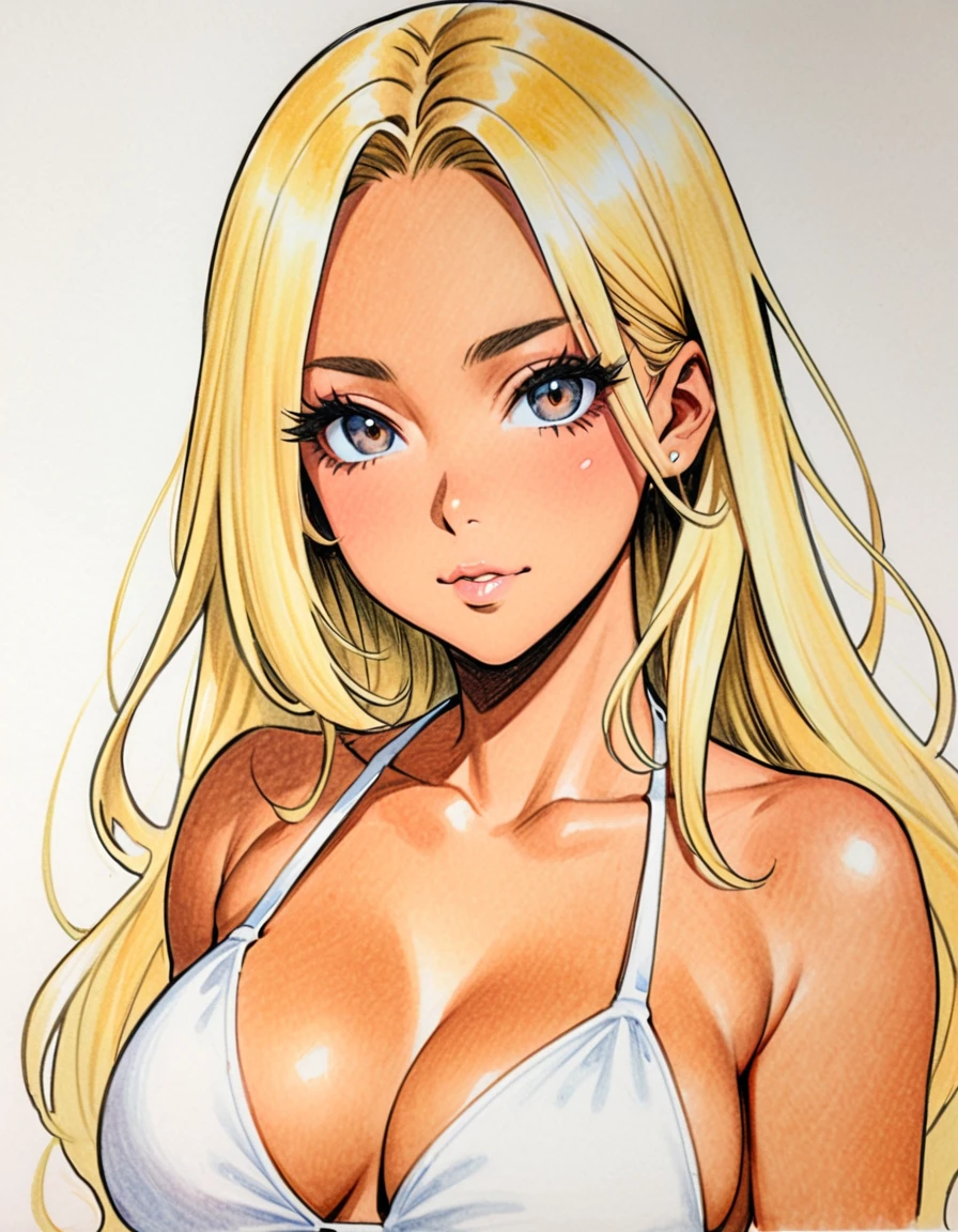 ((color pencil drawing:1.3)), (draft drawing), (upper body), from front, female, solo, ((tanned skin:1.3)), white bikini, big busts, Showcasing cleavage, blonde long hair, black eyes, black eyeliner, false eyelashes
