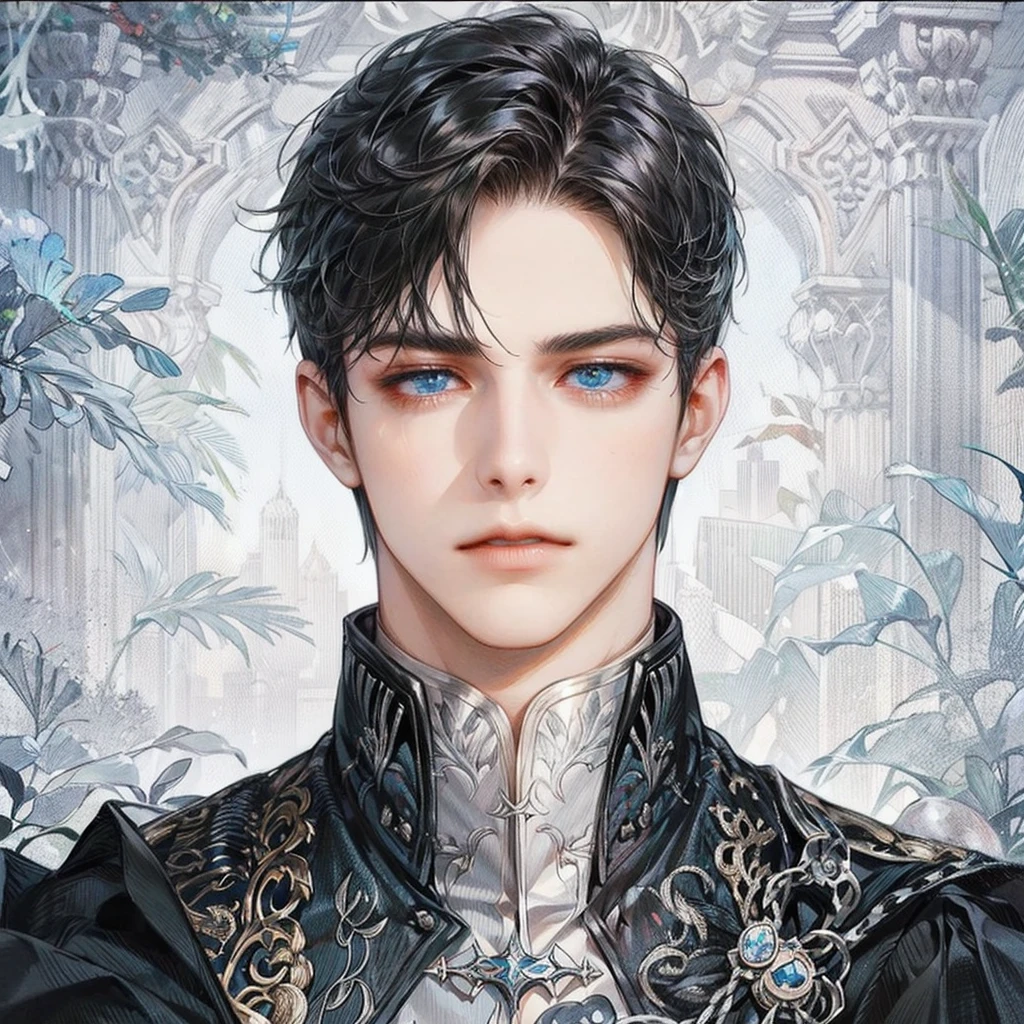 1 noble young adult male; longer face, short mouth, marked and long jaw and chin, angular, blue eyes, straight and pointed nose, pale white skin, silky black hair