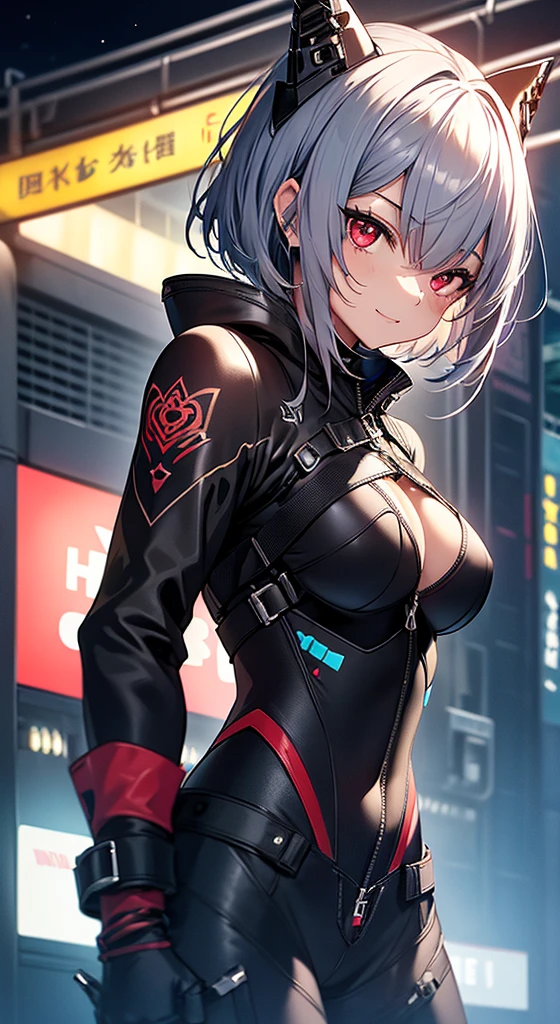 top-quality、Top image quality、in 8K,4K,​masterpiece、、ultra-detailliert、Beautiful、ultra-quality、adult-like、Cool、girl with(((18year old、rubbersuit:1.2、、silber hair、a short bob、Red Eyes、erotick:1.1、Happiness、The tattoo)))、hiquality、visualart、Background with((nightcity:1.2))、masutepiece