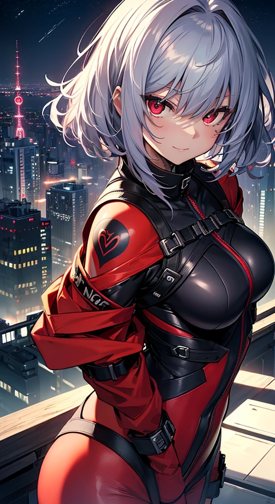 top-quality、Top image quality、in 8K,4K,​masterpiece、、ultra-detailliert、Beautiful、ultra-quality、adult-like、Cool、girl with(((18year old、rubbersuit:1.ilber hair、a short bob、Red Eyes、erot1、Happiness、The tattoo)))、hiquality、visualart、Background with((nightcity:1.2))、masutepiece