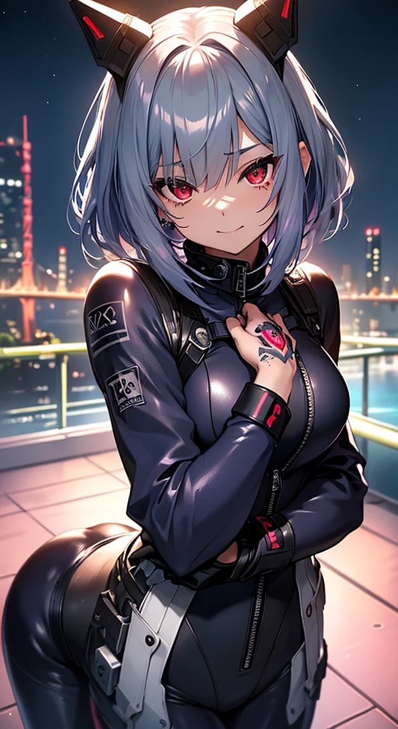 top-quality、Top image quality、in 8K,4K,​masterpiece、、ultra-detailliert、Beautiful、ultra-quality、adult-like、Cool、girl with(((18year old、rubbersuit:1.2、、silber hair、a short bob、Red Eyes、erotick:1.1、Happiness、The tattoo)))、hiquality、visualart、Background with((nightcity:1.2))、masutepiece