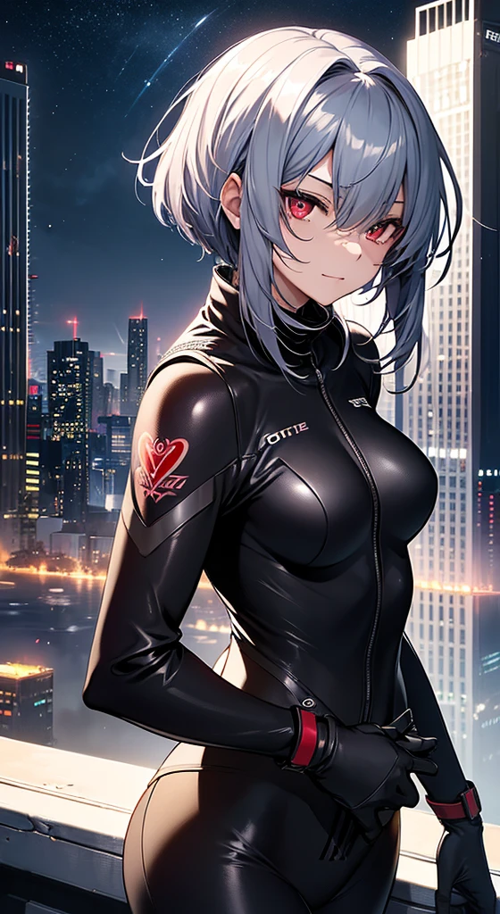 top-quality、Top image quality、in 8K,4K,​masterpiece、、ultra-detailliert、Beautiful、ultra-quality、adult-like、Cool、girl with(((18year old、rubbersuit:1.2、、silber hair、a short bob、Red Eyes、erotick:1.1、Happiness、The tattoo)))、hiquality、visualart、Background with((nightcity:1.2))、masutepiece