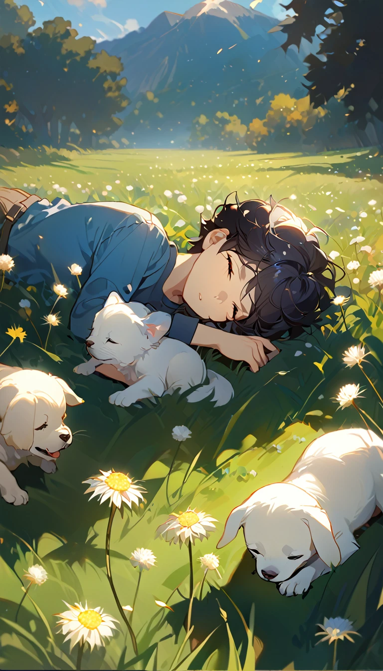 masterpiece, best quality, 8k, 4k, 1boy, ???, sleeping, dark blue hair with red stripes, blue long sleeve shirt, short pale brown pants with pocket, lay down on the field, white puppy sleeping next to the boy, siberian white puppy, white dandelions fields, dandelions Taraxacum erythrosperm, wind blowing, sleeping on the fields, finely detailed eyes and detailed face, inspired by Asukaziye artist : ask, art style : ask