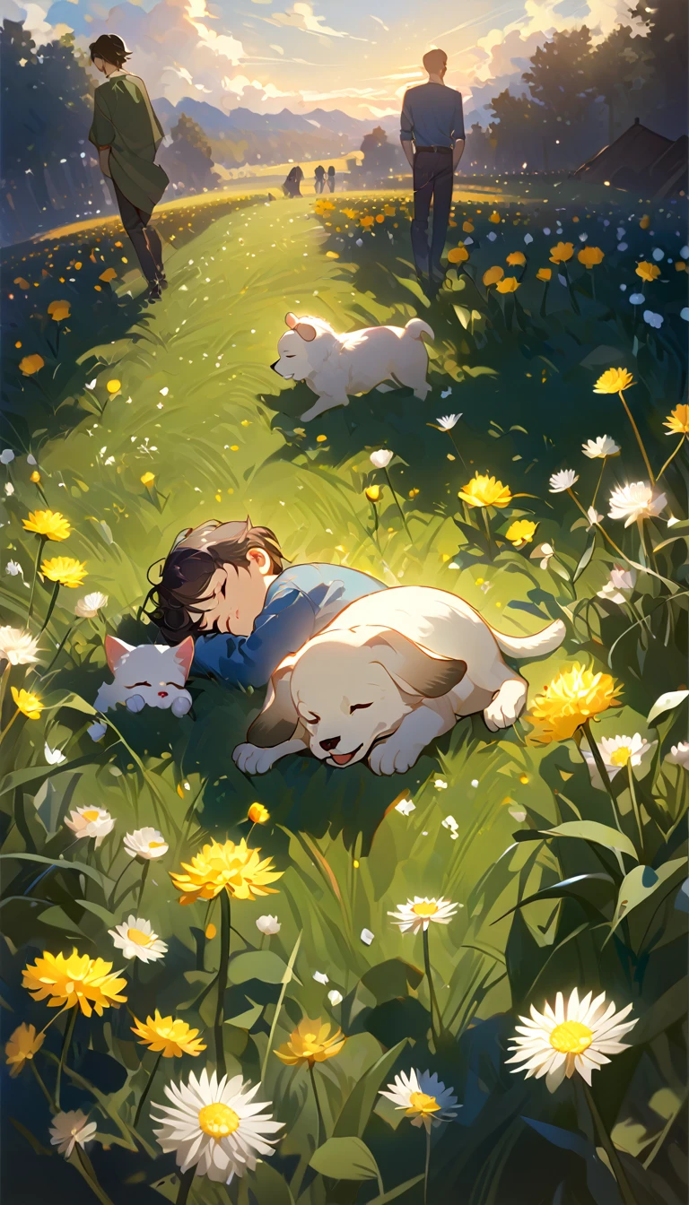 masterpiece, best quality, 8k, 4k, 1boy, sleeping, dark blue hair with red stripes, blue long sleeve shirt, short pale brown pants with pocket, lay down on the field, white puppy sleeping next to the boy, siberian white puppy, white dandelions fields, dandelions Taraxacum erythrosperm, wind blowing, sleeping on the fields, finely detailed eyes and detailed face, inspired by Asukaziye artist : ask, art style : ask