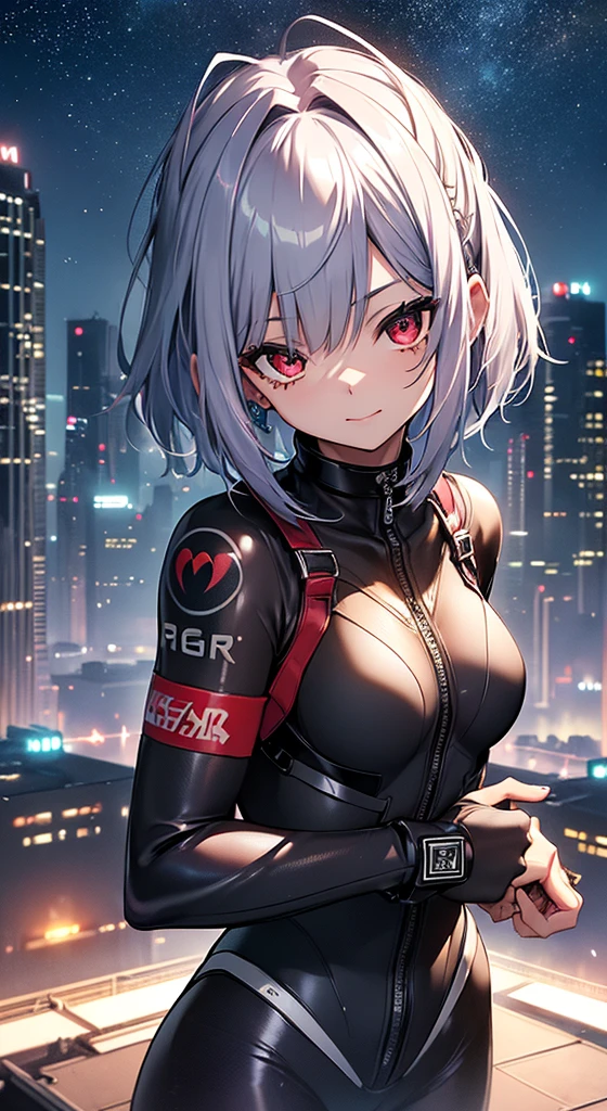 top-quality、Top image quality、in 8K,4K,masterpiece、、ultra-detailliert、Beautiful、ultra-quality、adult-like、Cool、girl with(((18year old、rubbersuit:1.2、、silber hair、a short bob、Red Eyes、erotick:1.1、Happiness、The tattoo)))、hiquality、visualart、Background with((nightcity:1.2))、masutepiece