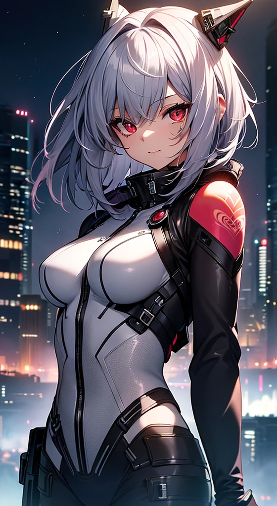 top-quality、Top image quality、in 8K,4K,masterpiece、、ultra-detailliert、Beautiful、ultra-quality、adult-like、Cool、girl with(((18year old、rubbersuit:1.2、、silber hair、a short bob、Red Eyes、erotick:1.1、Happiness、The tattoo)))、hiquality、visualart、Background with((nightcity:1.2))、masutepiece