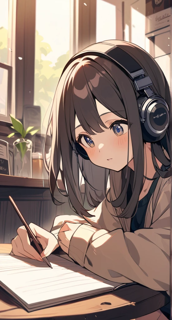 A cute girl is studying with her notebook open in an old coffee shop while wearing headphones。The table is messy、The whole desk is visible。There is coffee。Madhouse-like colors、A touch like Makoto Shinkai