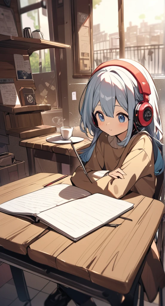A cute girl is studying with her notebook open in an old coffee shop while wearing headphones。The table is messy、The whole desk is visible。There is coffee。Madhouse-like colors、A touch like Makoto Shinkai