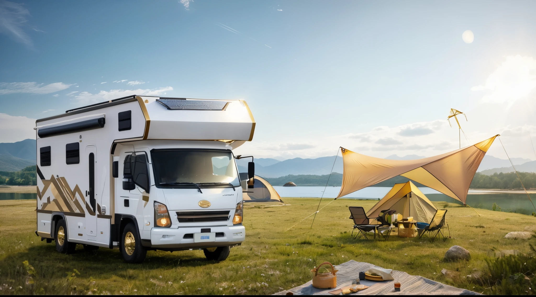 The appearance design of the new energy Nezha brand RV is mainly white, with black lines and gold embellishments on its front face. The roof has solar panels for sustainable power and air pipes for hanging camping chairs. In an outdoor scene in the style of West Lake in Hangzhou, there was grass underfoot, tents, swaying trees, mountains behind them, and a clear lake was visible from afar. It had a luxurious feel to it, with a golden color tone. Product photography.,ray tracing, Surrealism, UHD, super detail, best quality, masterpiece
