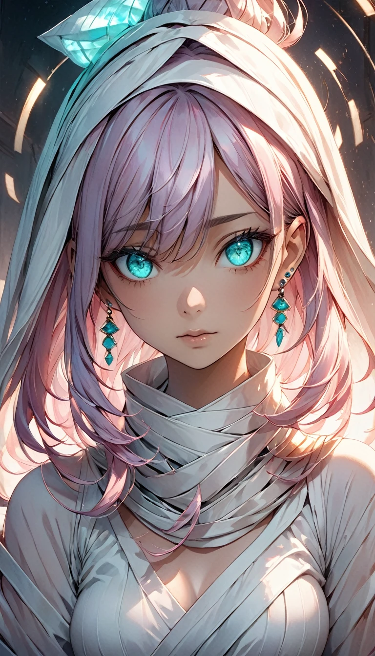 A young woman with vibrant turquoise eyes and light purple hair, highlighted with pink, is wrapped in white bandages. The bandages cover her head and lower face, leaving only her piercing eyes visible. She has an intense, almost otherworldly look, with the pink highlights in her hair softly glowing. The background features a gradient of light blue, creating an ethereal and mysterious atmosphere. Dramatic shadows are cast by the lighting, enhancing her enigmatic and intense appearance. Emphasize the Japanese anime art style with intricate details.
