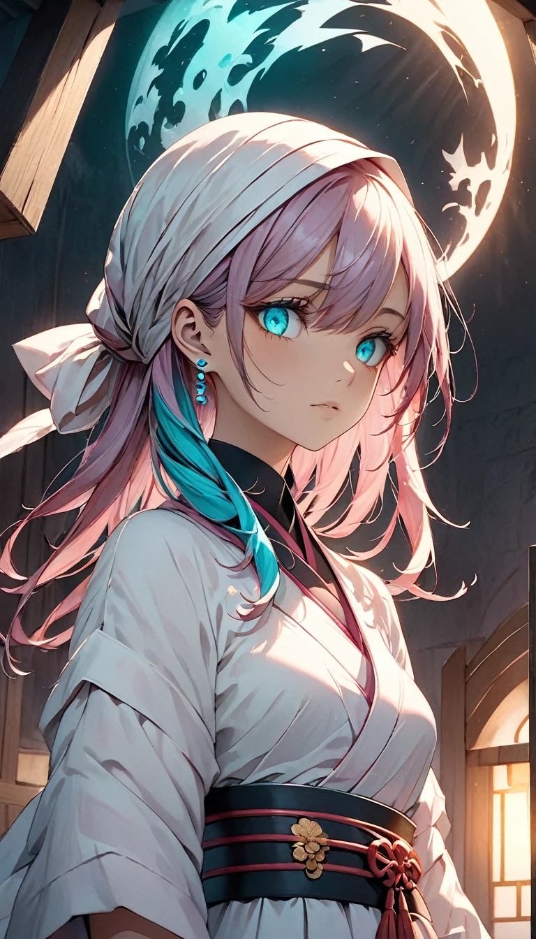 A young woman with vibrant turquoise eyes and light purple hair, highlighted with pink, is wrapped in white bandages. The bandages cover her head and lower face, leaving only her piercing eyes visible. She has an intense, almost otherworldly look, with the pink highlights in her hair softly glowing. The background features a gradient of light blue, creating an ethereal and mysterious atmosphere. Dramatic shadows are cast by the lighting, enhancing her enigmatic and intense appearance. Emphasize the Japanese anime art style with intricate details.