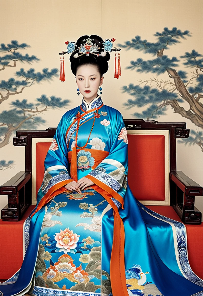 The Qing Dynasty Empress's large breasts, hairy body, and pubic hair can also be seen. She is sleeping in her bedroom with her hair pulled up and tied up, wearing a gorgeous flower-adorned hair ornament on both sides.、Background of crowning of Qing Dynasty Empress. Bedroom of palace of Qing Dynasty China.
