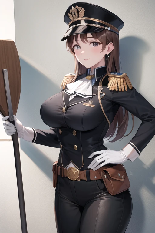 masterpiece, best quality, highres, aanitta, long hair, (black peaked cap), earrings, big breasts, muscular body, military uniform, epaulettes, badges, (black shirt:1.2), (bulletproof vest), ascot, black sleeves, long sleeves, (black pants), utility belt, (belt pouches), cargo pants, (gloves), cowboy shot, standing, light smile, facing the viewer, looking at the viewer, indoors, against wall